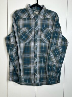 L.L. Bean Men’s Large Snap Up Long Sleeve Blue Green Flannel